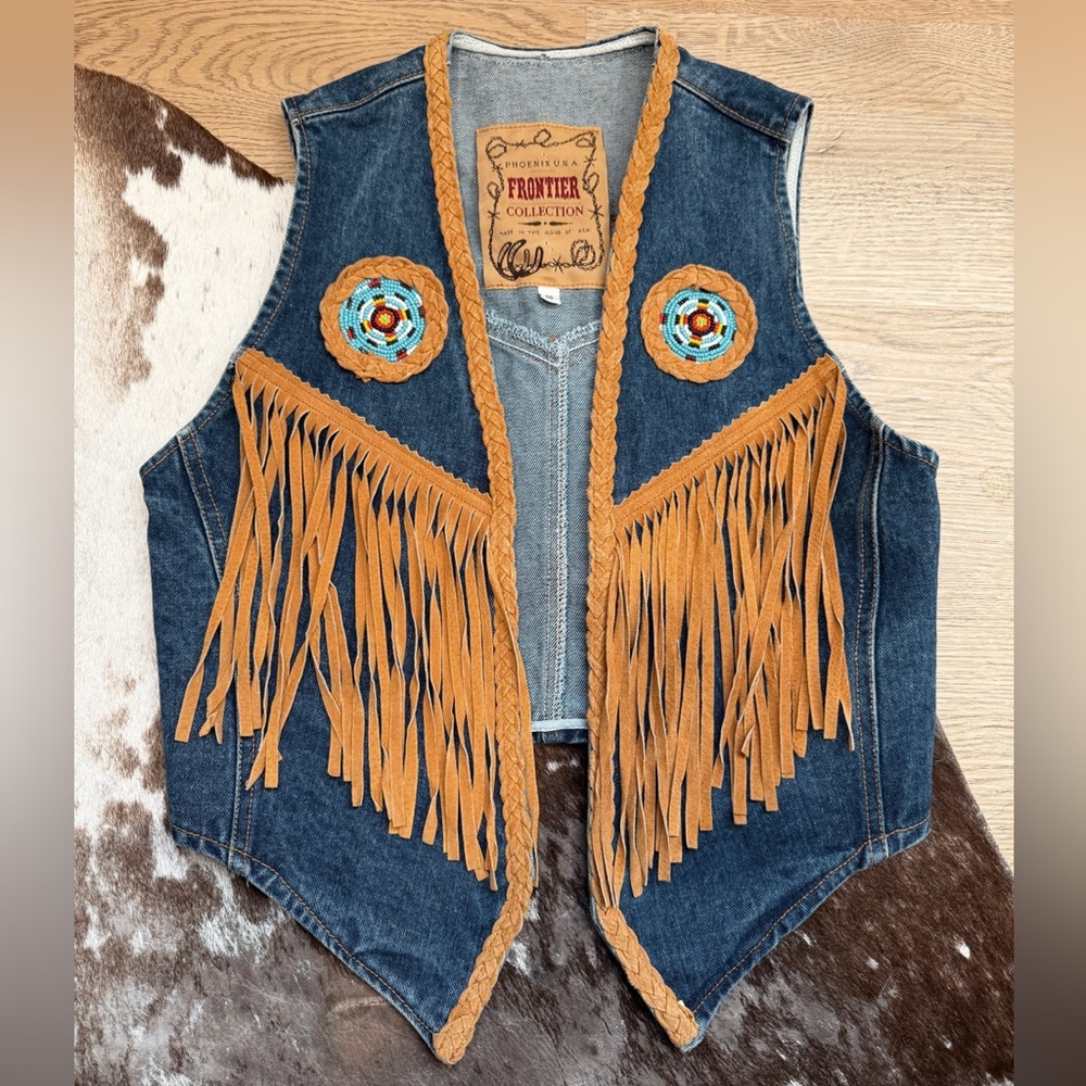 Vintage Western Leather Beaded Vest